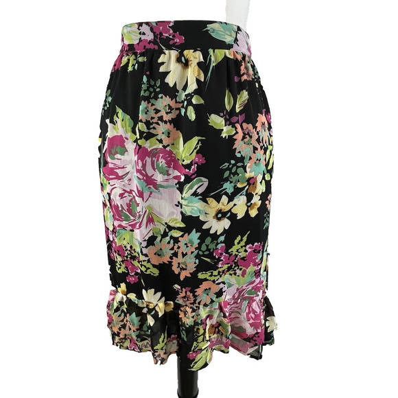 Elementz Skirt sz Large Black Pink Green Floral Sheer Knee Ruffle Modest Wedding - Picture 1 of 9